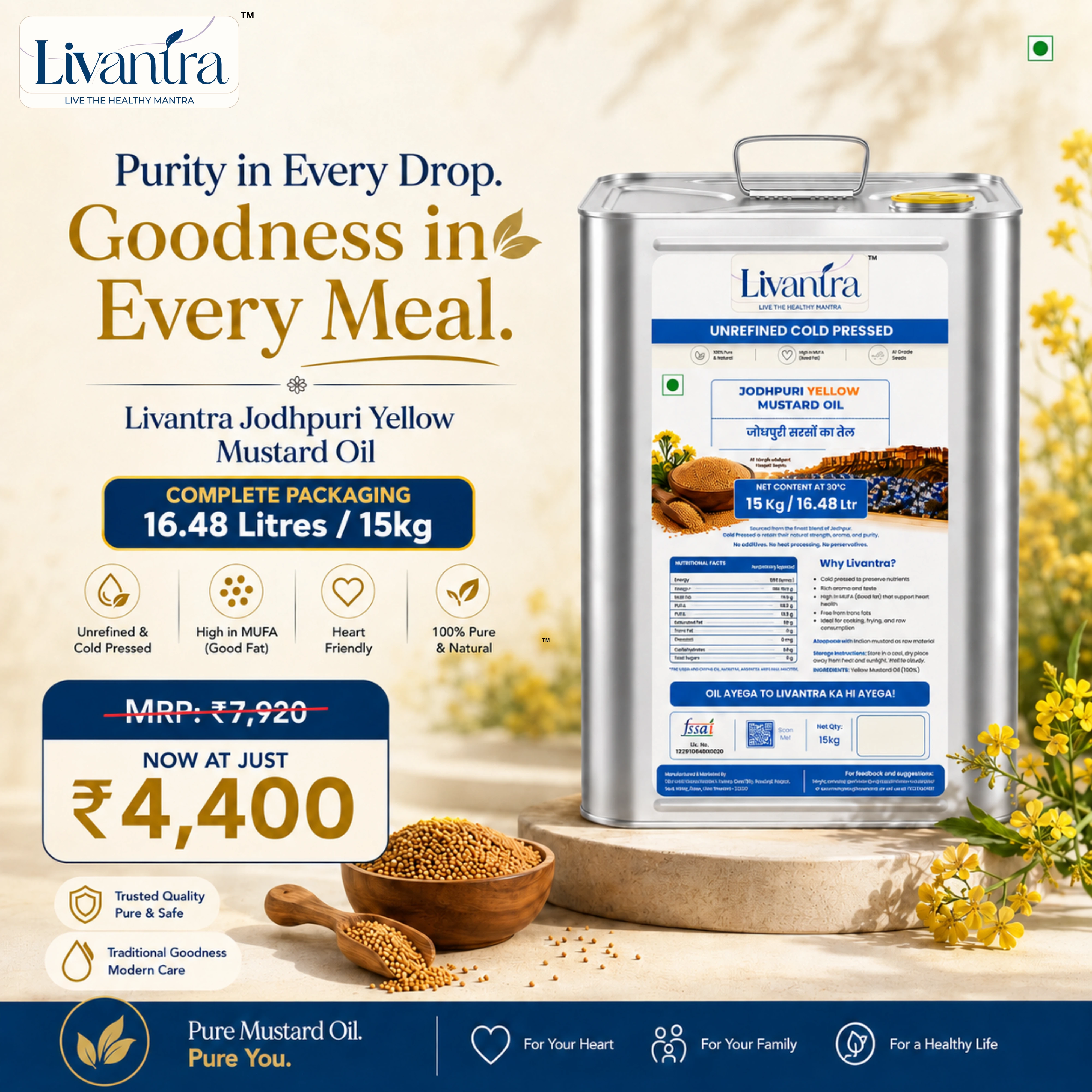 Livantra Jodhpuri Yellow Mustard Oil 15 Kg / 16.48 litre tin — unrefined cold pressed